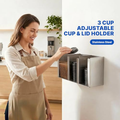 Stainless Steel Cup Dispenser, Cup and Lid Holder with Adjustable Dividers