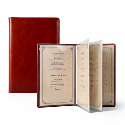 Premium Vegan Leather Menu Cover 8.5 x 11, 4 Page 8 View Menu Folder with Clear Sleeves, Restaurant Menu Holder, Portfolio Binder, Sheet Music Folder, Hotel & Guesthouse Presentation Book - color: Mahogany Red