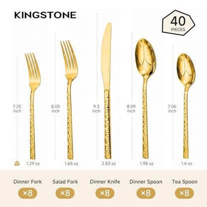 40 Piece Gold Silverware Set, 18/10 Stainless Steel Hammered Flatware for 8 - color: Gold, size: 40-Piece