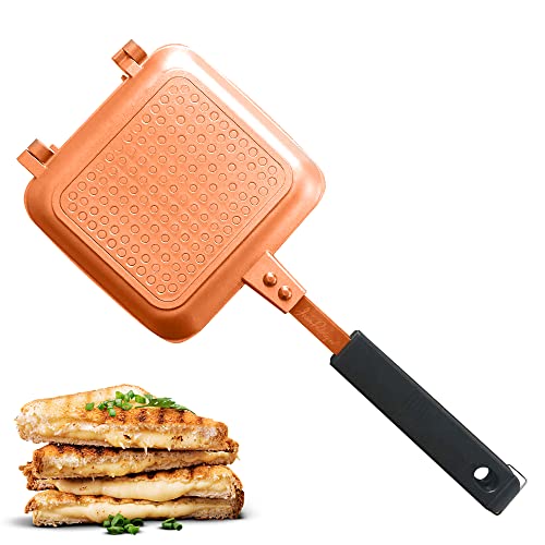 Jean-Patrique Stovetop Panini Grill Press Sandwich Maker, Copper – Ceramic Nonstick Grilled Cheese Maker with Handles - Indoor & Outdoor Double-sided Sandwich Toaster - color: Copper