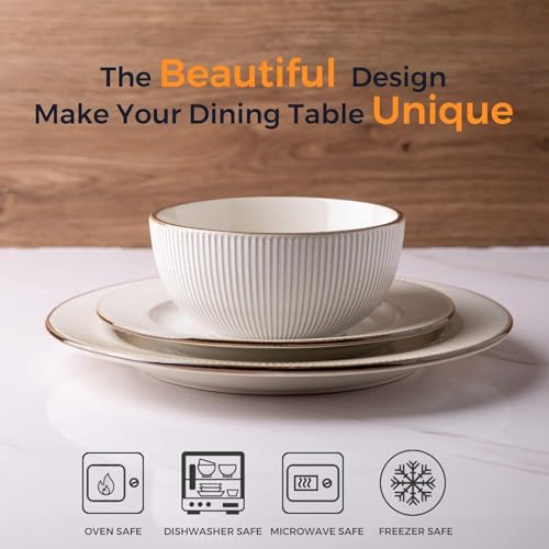 GBHOME Ceramic Dinnerware Sets,12 pcs Embossed Elegant Stoneware Plates and Bowls Sets, Housewarming Wedding Gift | Dishwasher & Microwave Safe | Dishes Set Service for 4 - color: Off-White, size: Service for 4 (12 pcs)