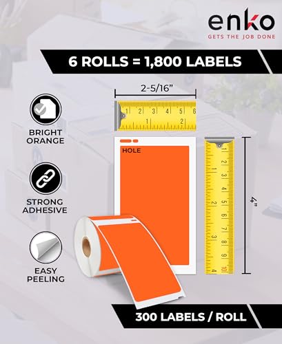 enKo 30256 6 Rolls | 1800 Orange Direct Thermal Labels (2-5/16 x 4 in) - color: Orange