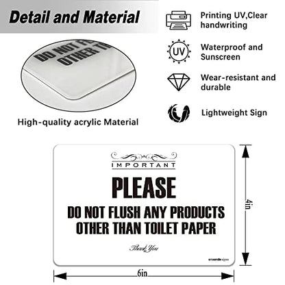 Flush Toilet Paper Only Sign 2 Pack 4" x 6" Acrylic Premium Finish Please Do Not Flush Signs,Durable, Include Adhesive Backing White