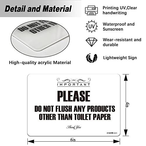 Flush Toilet Paper Only Sign 2 Pack 4" x 6" Acrylic Premium Finish Please Do Not Flush Signs,Durable, Include Adhesive Backing White