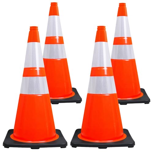 Brimar 28 Inch Traffic Cones, 4 Pack, Orange PVC Safety Cones with Black Base for Construction, Road Parking, MUTCD Approved Traffic Cones with 3M Reflective Bands, Structurally Stable Wearproof - size: 4 Pack
