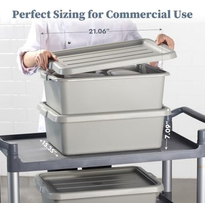 CURTA 3Pack Commercial Bus Tub with Lids, 21"x15"x7" Gray NSF Dish Box - size: 21.06" x 15.35" x 7.09" - With Lid