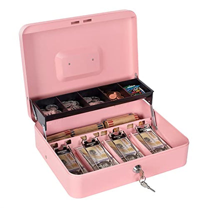 Cash Box with Lock Key and Money Tray, Large Money Box for Cash Register - color: Pink