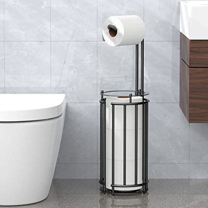 Meangood Toilet Paper Holder Stand and Tissue Paper Roll Dispenser for 4 Mega Rolls, Bathroom Free Standing Tissue Roll Storage Holder Rack, Detachable (Matte Black) - color: Black