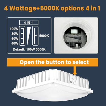 100W LED Canopy Light, 40W/60W/80W/100W Selectable 5000K 150LM/W ETL Listed