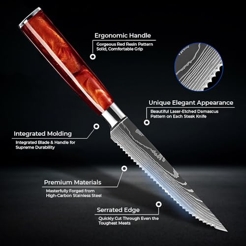 SENKEN Professional 6-Piece Steak Knife Set with Engraved Damascus Pattern, Razor Sharp Blade, High Carbon Steel with Gift Box (Red) - color: Crimson Red