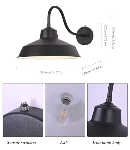 Dusk Till Dawn Gooseneck Wall Lights Black Outdoor Barn Wall Sconce Farmhouse Wall Mount Lights Black on The Outside, White on The Inside lampshade for Porch Entryway Garage 14in - size: 14 in