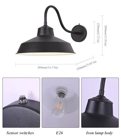 Dusk Till Dawn Gooseneck Wall Lights Black Outdoor Barn Wall Sconce Farmhouse Wall Mount Lights Black on The Outside, White on The Inside lampshade for Porch Entryway Garage 14in - size: 14 in