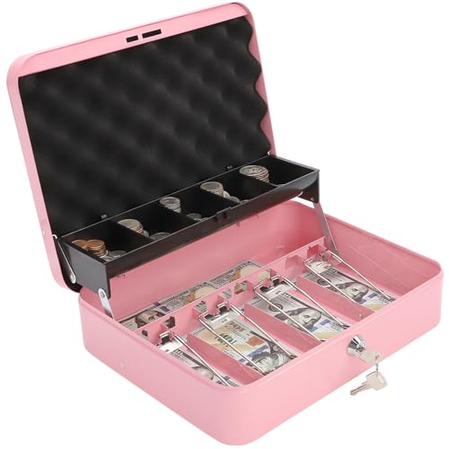 Cash Box with Key Lock & Foam Auto-Pop Coin Tray – Secure Steel Money Box with 4 Upgraded Finger-Safe Bill Clips, Premium Smooth Scratch-Resistant Coating, 11.8"L x 9.5"W x 3.5"H, KL Pink - color: KL Pink