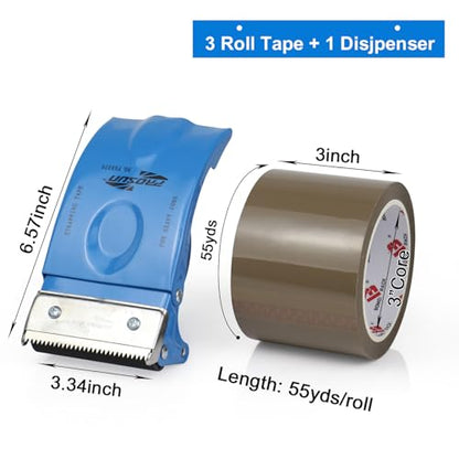 3 Inch Wide Packing Tape with Dispenser,2.4 Mil x 55 Yards Heavy Duty Packaging Tape Refill for Shipping,Industrial Grade,Urtal Strong Boxing Tape for Moving,Mailing and Storages (Brown) - color: Brown