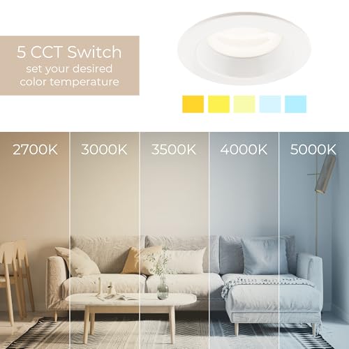 Builder Essential 4in Cutout 1,050 Lumens Round LED Recessed Light and Housing for Remodel or New Construction with Regressed Trim 8W-10W-12W, 5-CCT 2700-3000-3500-4000-5000K in White - size: 5in Size, 1050 Lumens
