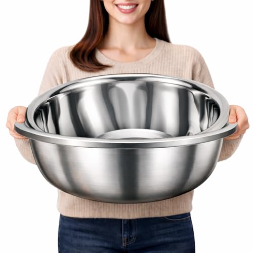 2 Pack Large Mixing Bowl, 20 Qt, 304 Stainless Steel, Polished Mirror Finish, Flat Base, for Home or Commercial Baking, chef grade, commercial kitchen, premium stainless steel