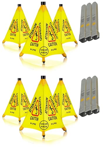 Alpine Caution Wet Floor Sign 6 Pack - Pop Up Slippery When Wet Sign, Wall Mounted Foldable Bilingual Yellow Safety Warning Caution Cone for Commercial & Office Use (20 Inches) - size: 6-Pack
