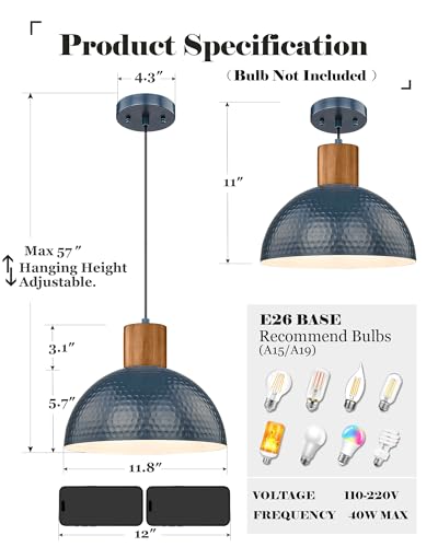 ELYONA Industrial Pendant Light 12" Hammered Metal Dome Hanging Lamp Solid Wood Pendant Light Fixtures for Kitchen Island, Farmhouse, Dining Room, Sink, Bedroom, Hallway, Modern Blue - color: Blue - 1 Pack