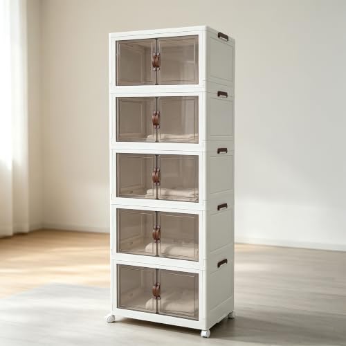 5‑Pack Foldable Stackable Storage Boxes, 356.6 QT Organizer Container with Magnetic Doors & Wheels for Home, Garage, Office (23.62" W x 14.02" D x 66.93" H) - size: 5PACK-23.62"W14.02"D66.93"H