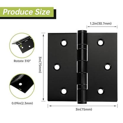 6 Pack Black Door Hinges 3 x 3 Inches, Stainless Steel Ball Bearing Hinges with Screws, Square Corner, Smooth and Quiet - size: 3x3inch - 6 Pack