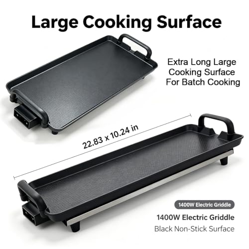 PineyPlace Electric Griddle for Bacon, Eggs, Pancake, Breakfast and Camping Grilling, 1400W NonStick Flat Top Indoor Grill, 5 Adjustable Temperatures, Dishwasher Safe, Black, 22.83 x10.24inches