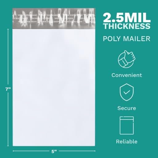 5" x 7" Poly Mailers, 500 Pack, 2.5 Mil, White Self Seal Waterproof, GPI - size: 5" x 7"