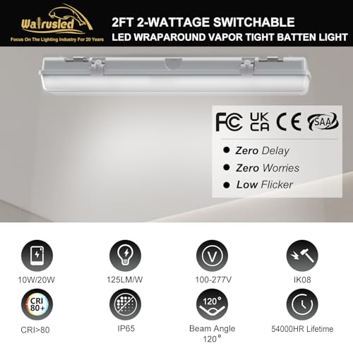 2FT LED Vapor Tight Light, IP65 IK08, 10W(1250lm)/20W(2500lm) Selectable, 5000K, 100-277V, Outdoor Waterproof Shop Light, Vapor Proof Lighting Fixture for Carport Parking Garage Car Wash, FCC Listed