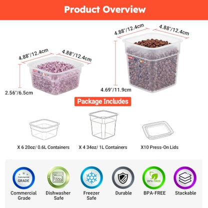 10-Pack Mini Food Storage Containers with Sealing Lids, Small Built-in Label Area Translucent Container Set, Commercial Grade, BPA-Free, Microwave Safe, 6 x 20 oz & 4 x 36 oz, 2 Markers Included