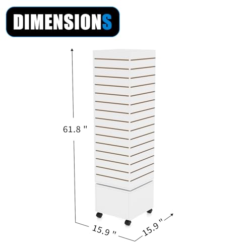 WISDOMFUR Rotating Slatwall Display Rack with Wheels, 4-Sided Retail Merchandise Display Tower, White, 16" W x 16" D x 60" H - color: White