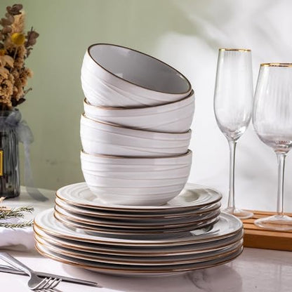 GBHOME Ceramic Dinnerware Sets of 8,24 pcs Plates and Bowls Sets Dishes - color: Pearl White-Wave, size: Service for 8 (24 pcs)