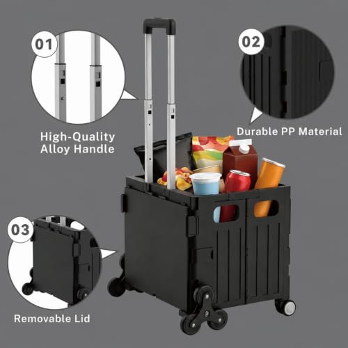 Foldable Shopping Cart: Plastic Stair Climbing Cart & Rolling Crate - color: Black(stair-climbing)