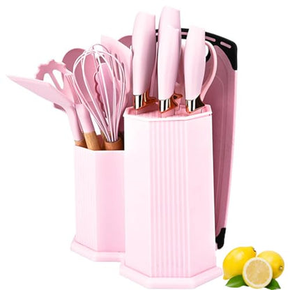 Kitchen Cooking Utensils and Knife Set with Holder Block, 19 Pieces Cooks Cutting Set 11 Pcs Silicone Cooking Utensils Sharp Stainless Steel Knives Scissors Whisk Tongs and Cutting Board (Pink) - color: Pink