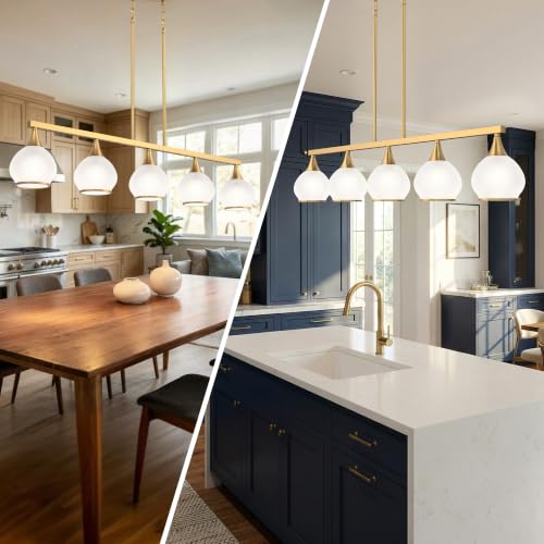 Phaosio Brushed Gold Kitchen Island Linear Pendant Light, 5-Light - color: Gold (White Glass Shades), size: 5-Light