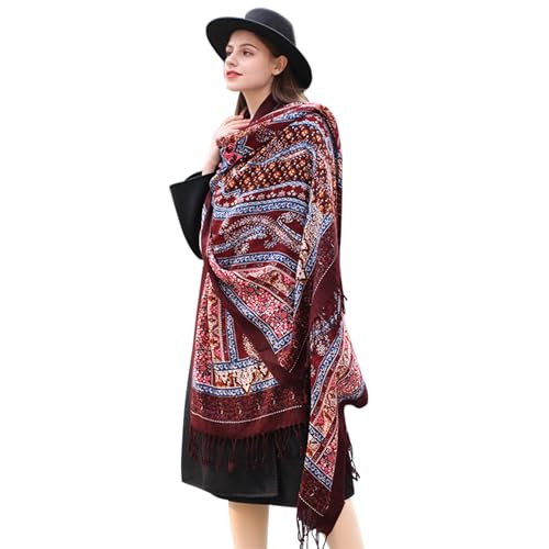 DANA XU 100% Merino Wool Extra Large Pashmina Shawl for Women - color: Wine Boho Pattern