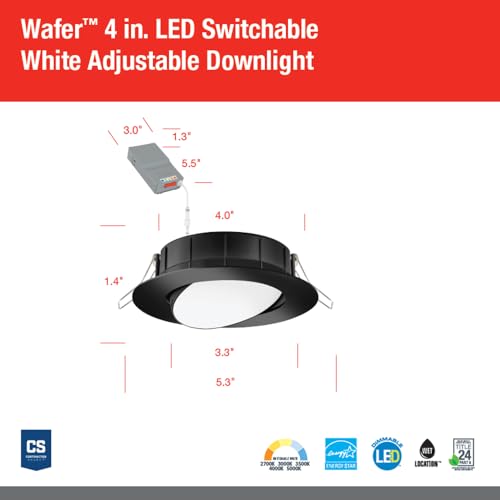 Juno WF4 ADJ SWW5 90CRI MB M6 Wafer-Thin LED Downlight, Adjustable Trim, Switchable CCT 2700K, 3000K, 3500K, 4000K, and 5000K, 90+ CRI, Matte Black, 4-Inch - color: Black, size: 4-Inch
