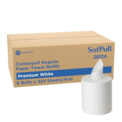 Georgia-Pacific SofPull Centerpull Regular Premium Towel Dispenser Refills, Commercial Paper Towels, 324 Sheets Per Roll, 6 Rolls Per Case, White, 28124