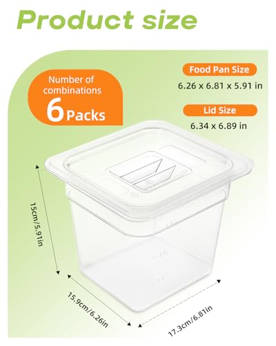 6 Pack Food Pan with Lids,1/6 Size Shatterproof Stackable Plastic Hotel Food Pan for Party, Catering, Home kitchens Meal Prep,-40°F to 212°F (2.35QT(2.22L), 1/6 size 6" deep) - size: 1/6 size 6" deep