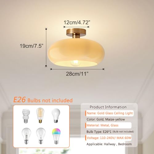 Brass Flush Mount Ceiling Light Mid Century Modern Ceiling Light fixtures Brushed Gold Milk Yellow Glass Semi Flush Mount Ceiling Light Farmhouse Hallway Dining Room Ceiling Lamp - color: Flush-Milk Yellow
