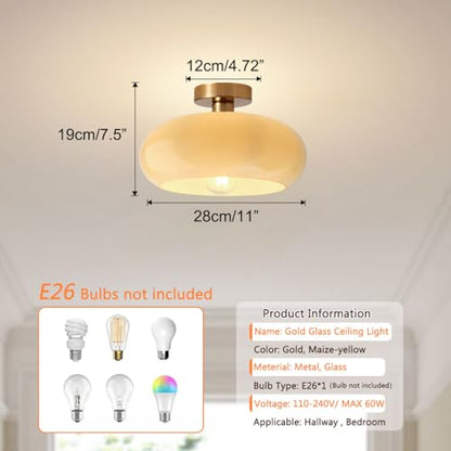 Brass Flush Mount Ceiling Light Mid Century Modern Ceiling Light fixtures Brushed Gold Milk Yellow Glass Semi Flush Mount Ceiling Light Farmhouse Hallway Dining Room Ceiling Lamp - color: Flush-Milk Yellow