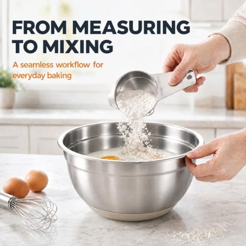 30PCS Mixing Bowls Measuring Cups and Spoons Set, 7QT to 1QT Large Stainless Steel Nesting Bowls with Lids Set, Graters, Non-Slip Silicone Bottom, Kitchen Appliances Home Essentials, Khaki - size: 9+7+14 - Bowls & Cups & Spoons