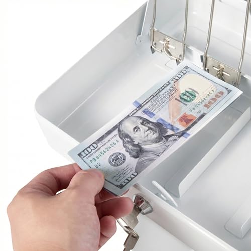 Locking Cash Box with Key Lock and Money Tray, Money Box, Lock Safe Box, Cash Money Lock Safe Box for Cash Register 11.8"x9.45"x3.54" (White Key) - color: White Key