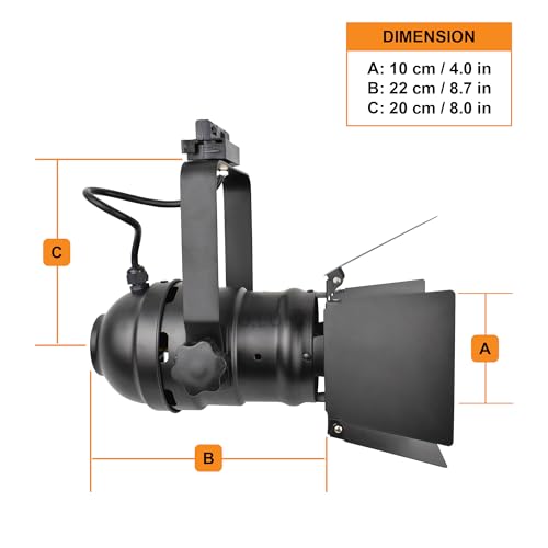 TRK9000 Industrial Track Light Head with Barn Door Flippers, Theater Studio Track Lighting for Showroom or Home, E26 Base PAR30 A19 ST64 Bulbs, Halo H‑Track Compatible, Black Metal