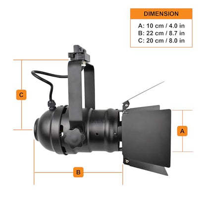 TRK9000 Industrial Track Light Head with Barn Door Flippers, Theater Studio Track Lighting for Showroom or Home, E26 Base PAR30 A19 ST64 Bulbs, Halo H‑Track Compatible, Black Metal