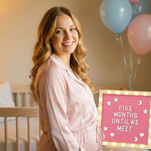 10 x 10 Inches Felt Letter Board & LED Light, Pink, Natural Wood - color: Pink, size: 10 x 10 Inches, style: Natural Wood