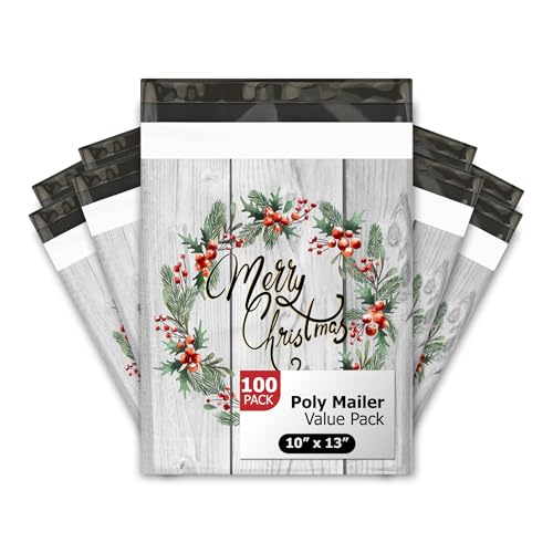 10x13 (100) Christmas Wreath Designer Winter Poly Mailers Self Sealing Waterproof Shipping Envelopes Holiday Premium Printed Bags For Small Businesses - color: Christmas Wreath, size: 10x13