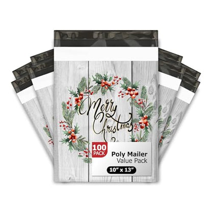10x13 (100) Christmas Wreath Designer Winter Poly Mailers Self Sealing Waterproof Shipping Envelopes Holiday Premium Printed Bags For Small Businesses - color: Christmas Wreath, size: 10x13