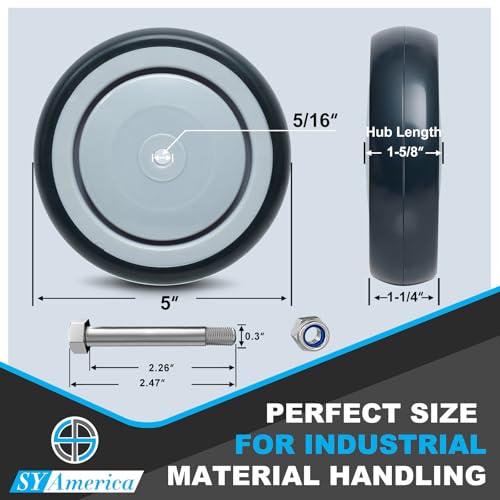 SY America 5" x 1.25" Shopping Cart Replacement Wheels Kit, Rubber Wheels for Grocery & Supermarket Carts, Smooth & Quiet Rolling, 350 lbs per Wheel, Universal Fit, 5/16" Bore, Grey, 100 Pack - style: 100-Pack (5/16'' Bore)
