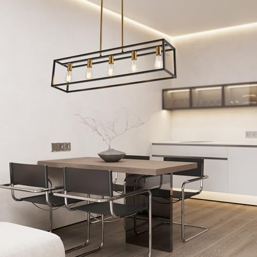 Kitchen Light Fixtures Farmhouse Rectangle Chandeliers Dining Room Light for Dining Rooms, Light Fixture Matte 5-Light Industrial Pendant Lighting - color: Black&Brass, size: 5 Lights