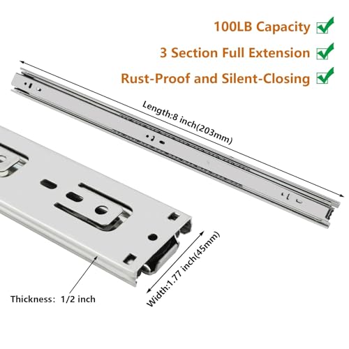 LONTAN 1 Pair Side Mount Drawer Slides 8 Inch Heavy Duty Cabinet Rails - color: Silver, size: 8 Inch - Drawer Slide
