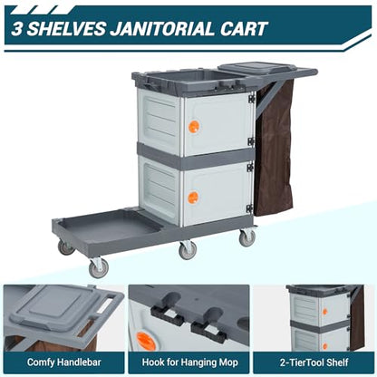 Rolling Cleaning Cart for Housekeeping, Commercial Janitorial Cart On Wheels with 2 Cabinets, Oxford Bag, Open Shelves, Plastic Housekeeping Cart Service Cart for Business Office